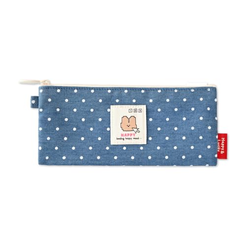 Image of Monolike Happy and Lucky Denim Dot pen case, Blue - Slim Corduroy Style Cotton Pen Pouch, Cute Aesthetic Pastel Stationery Organizer for Office