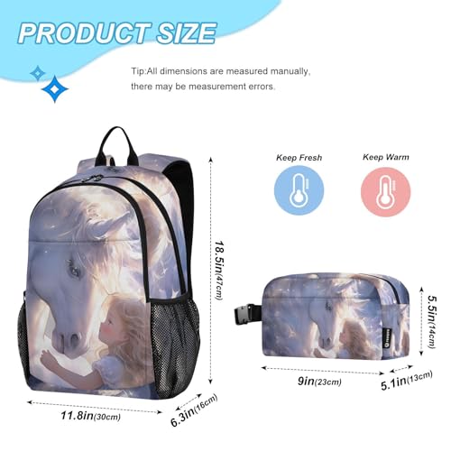 Travel Backpack Lunch Bag Set for Hiking Picnic, Backpacks with Insulated Lunch Box Unicorn with Girl Print2