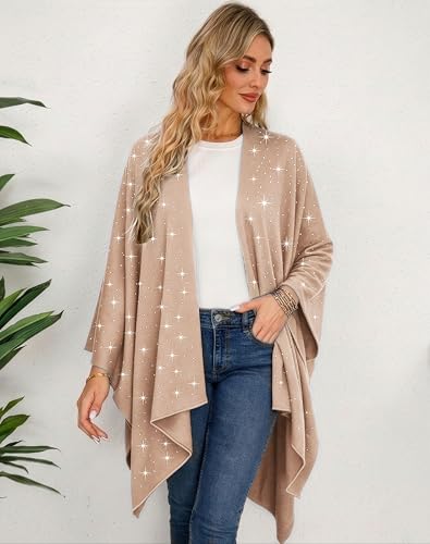 Image of Womens Rhinestones Open Front Poncho Shawl Wrap Cape Ruana Travel Blanket Cardigan