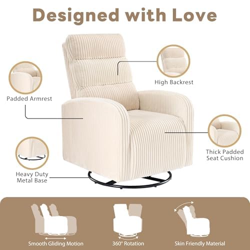 Image of Swivel Rocker Chair, 360Swivel Rocker Chairs with High Back Arms, Rocking Lazy Boy Chairs, Upholstered Swivels Corduroy Glider for Living Room, Bedroom, Nursing, Beige
