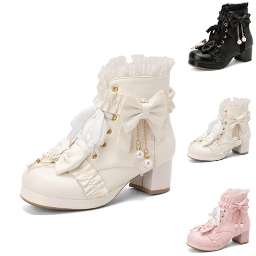 ZJWBB Kawaii Shoes For Women,Goth Platform Boots Chunky High Heels Ankle Boots Cute Sweet Cosplay Shoes, White, 6.5