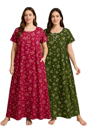 Image of Bahumaan Pure Cotton Nighty for Woman | Floral Gown for Women Nightwear with Pocket | Cotton Nighty for Women Stylish | Maxi for Women Cotton