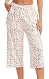 Kabento Women Pajama Pants Capri Cotton Sleep Lounge Pj Bottoms with Pockets, Flowers, Large