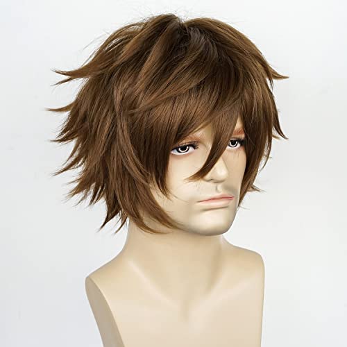 Image of LABEAUTE Mens Short Brown Cosplay Wigs With Bangs Male Unisex Fluffy Heat Resistant Wig Hair for Party and Halloween for Gift + Free Cap