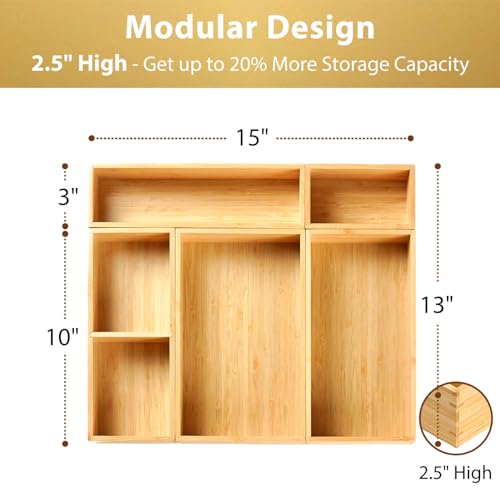 Umilife Drawer Organizer Storage Boxes, 2.5\" High Bamboo Drawer Dividers, 5 Rearrangeable Bins for Kitchen, Office Desktop, Clothing, Makeup, vanity, Jewelry - Thumbnail 2