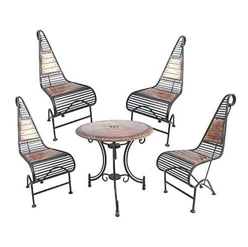 Furniture Hub Wooden & Wrought Iron Indoor & Outdoor Set (4 Chairs + 1 Folding Table)