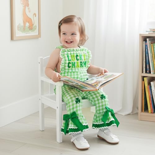 FIOMVA Toddler Baby Girl St Patricks Day Outfit Ruffle Romper Jumpsuit Lucky Embroidery Sleeveless Plaid Bell Bottom Overall (Green Lucky Charm, 6-12 Months) - Thumbnail 4