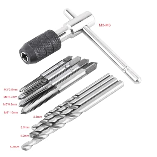 9PCS/Set Threading Tapping Tool Kit,M3x0.5/M4x0.7/M5x0.8/M6x1.0 Screw Taps T-Handle Tap Wrench Drill Bits Machine Thread Taps Set Threading Tapping Hand Tool Kit - Image 2