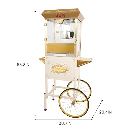 Image of Popcorn Machine with Cart & 16oz kettle for Home /Commercial (Beige) | 850W, Large Capacity, Easy to Use /Clean, Vintage Movie Theater Style, 3 Easy Switches, with Storage, 4 Spoons