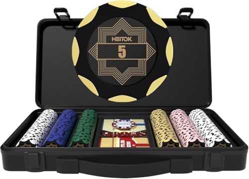HEITOK Premium Poker Set 500/300 Stück – 14g Clay Pokerchips (Ton) im Art Deco Design – Hochwertiger Alu-Koffer, 2 Decks Spielkarten, Würfel & Dealer Button – Profi Texas Holdem Pokerkoffer