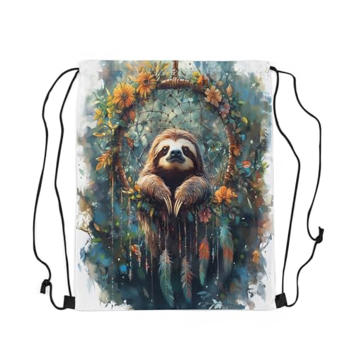 Erosebridal Sloth Drawstring Backpack 13x15.7 Dream Catchers Drawstring Bags Boho Floral Feather Draw String Back Bag Woodland Animals String Backpack Exotic Bohemian Decor3