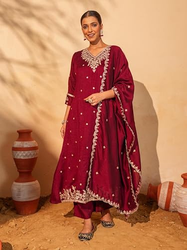 Image of Naixa Women's Vichitra Silk Embroidered A-Line Kurta with Pant and Dupatta Sets (NX-845)