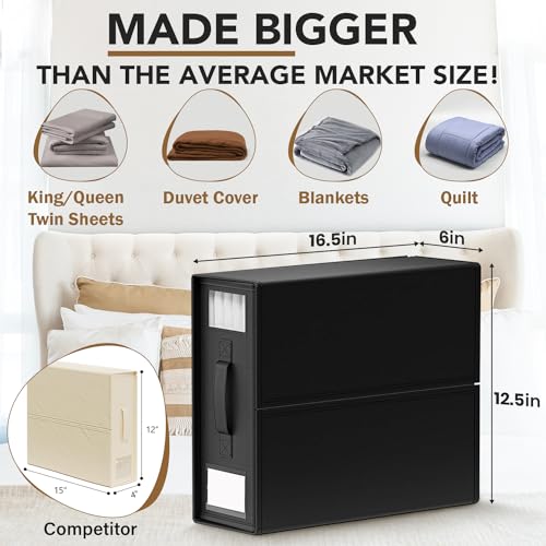 Slumber Sort Foldable Linen Closet Organizer with Clear Window & Handles – Extra Large Storage for King, Queen Comforters, Blankets, Bedsheets – Under Bed Storage, Sheet Organizer (Black, 3-Pack)