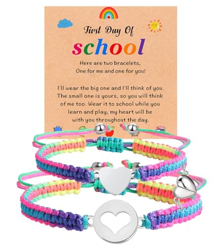 Image of First Day of Kindergarten Pre K Gifts for Mother Daughter,Mommy and Me Bracelet Matching Heart Bracelets Set for 2