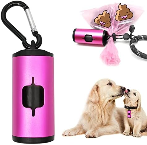YUCHIYA Aluminum Dog Poop Bags Holder with Carabiner Metal Pet Waste Bags Dispenser with Hook and Loop Fastener and Elastic Cord to Carry Used Bags(Pink, 1 Holder 15 Bags)