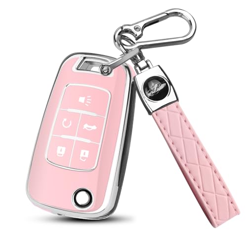 Image of QBUC for Chevy Key Fob Cover with Keychain Fit for Chevrolet Equinox Buick Camaro Cruze Malibu Impala Sonic Full Protection (Silver /Pink)