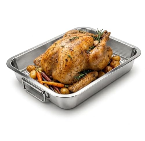 Stainless Steel Roasting Pan with Rack & Handles, 15.6'x11.6'x2.8' Deep - Food Grade No Coating, Dishwasher Safe - Large Roaster for Turkey Chicken Beef Vegetables for Homeowner Kitchen