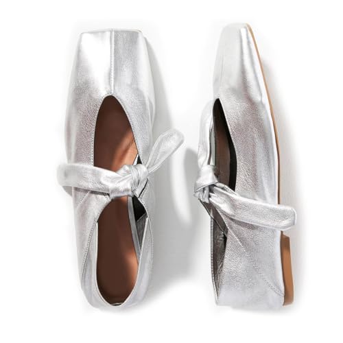 Yishaweiqi Bow Knot Ballet Flats Shoes for Women Bowtie Strap Ballerina Shoes Slip-on Square Toe Mary Jane Flats