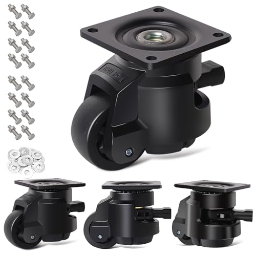 RRIUTO Leveling Castors with Adjustable Ratchet Handle, 4 Heavy Duty Furniture Castor up to 1000kg, 50MM Retractable Transport Wheels Swivel Castors 360° Rotation, Industrial Castor for Workbenches