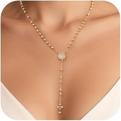 Womens Gold Saint Benedict Necklace - 14k Gold Plated Rosary Beads Cross Necklaces,Non Tarnish Golden Y Chain Catholic Miraculous Medal Protection Necklaces,Religious Crucifix Jewelry Gift for Her