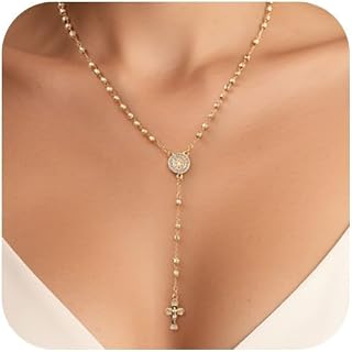 Women's Gold Saint Benedict Necklace - 14k Gold Plated Rosary Beads Cross Necklaces,Non Tarnish Golden Y Chain Catholic Miraculous Medal Protection Necklaces,Religious Crucifix Jewelry Gift for Her