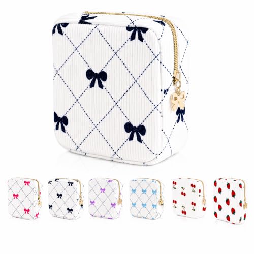 Image of Period Bag for Women - Cute Corduroy Sanitary Napkin Storage Bag with Bow Design | Period Pouch for Daily Use, Travel | Discreet Menstrual Pouch | Pad Bags for Period Holds Pads, Tampons