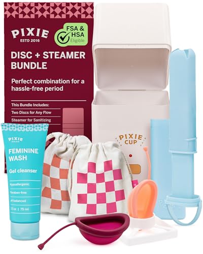 Pixie Menstrual Disc Collection - 2 Reusable Period Discs with Applicator Sterilizer Feminine Wash & Totes for Feminine Care Tampon-Style Insertion - All-in-One Easy Period Solution