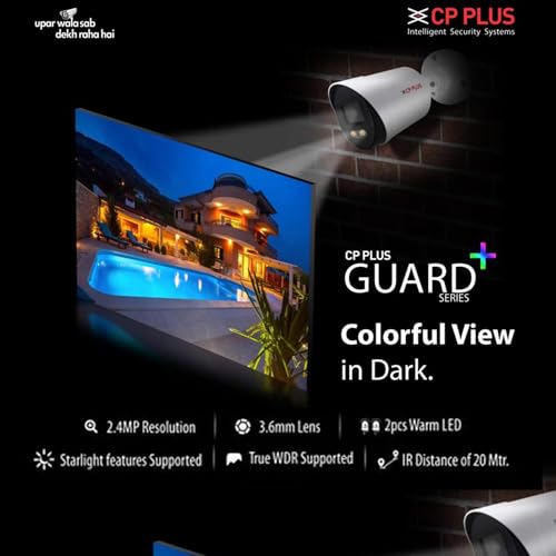 Image of CP Plus Guard+ 2.4MP Bullet Camera [Color Night Vision + Built-in MIC Audio + 24 /7 Full Color + Motion Detection] Hybrid 4in1 Switch for TVI /CVI /AHD /CVBS, Water & Dust Proof IP67 [New Version]