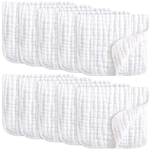Image of Yoofoss Muslin Burp Cloths 10 Pack Baby Washcloths Large 20''X10'' 100% Cotton 6 Layers Super Soft and Absorbent - White