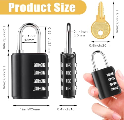 Image of 4-Digit Combination Padlock with Backup Key | Heavy Duty Black Metal Security Lock | Resettable Code for Gym Locker, School, Travel, Gate & Storage Use (Black)