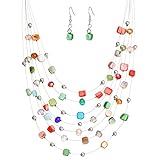 Multi-Layer Boho Shell Beaded Necklace for Women Colorful Crystal Strand with Silver Beads Statement
