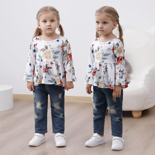 Image of CARETOO Girls Clothes Outfits, Cute Baby Girl Floral Long Sleeve Pant Set Flower Ruffle Top
