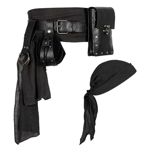 Renaissance Pirate Belt with Pouch Waist Bag Pirate Head Scarf 6-Pack