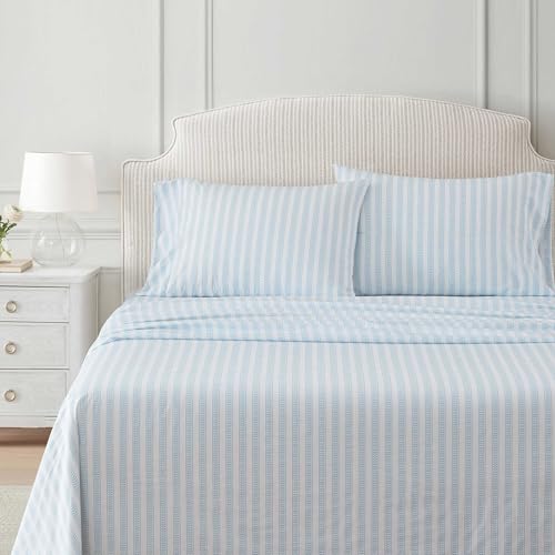 Image of Martha Stewart - King Size Sheet Set, Crisp & Tailored Sheets with a Smooth Cotton Percale Feel - Striped Bed Sheets with Matching Pillowcases & Fitted Sheet (Leaf Stripe Blue)