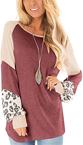 Bincout Meerore Womens Shirt Color Block Round Neck Tunic Tops Casual Raglan Sleeve Blouses Leopard Print Sweatshirt Wine Red L