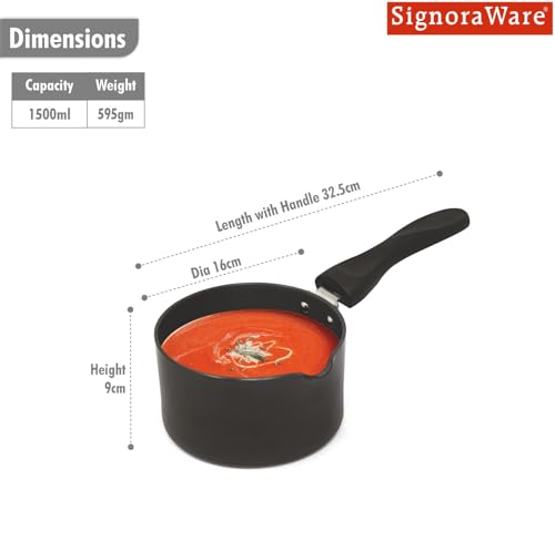 Image of Signoraware Opulent Non Stick Saucepan | Multipurpose & Durable | Comfortable & Safe Grip | Effortless Cooking | Best for Boiling Milk, Preparing Tea /Coffee & Heating Soups | (1.5 LTR | Steel)