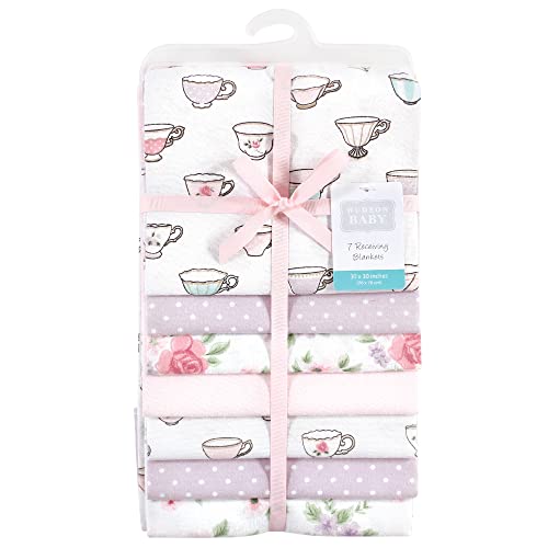 Image of Little Treasure Hudson Baby Cotton Poly Flannel Receiving Blankets Multipack, Purple Tea Party, 30x30 inches