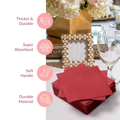 Image of Prestee Linen Feel Guest Towels - Paper Hand Towels - Cocktail Napkins - 5inch Folded / 9.5inch Unfolded - 200 count - Soft and Absorbent Disposable Napkins for Parties and Events - Red