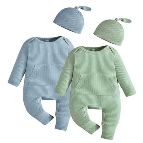 Image of Bafeicao Newborn Baby Boy Girl Romper Ribbed Long Sleeve Jumpsuit with Hat Infant Coming Home Outfit Clothes Set, Green+Blue, 3-6M