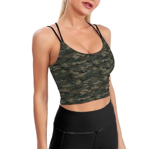 Casual Support Yoga Bra Army Military Camouflage Vietnam Tiger Stripe Camo, Padded Gym Running Workout Tank, Wirefree Sports Top for Women & Girls