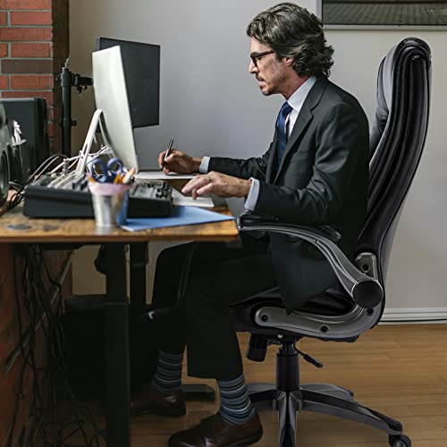 High Back Executive Office Chair 300Lbs-Ergonomic Leather Computer Desk Chair With Flip-Up Armrest, Thick Bonded Leather Office Chair For Comfort And Lumbar Support, Adjustable Rock Back Tension-Black #TOP7