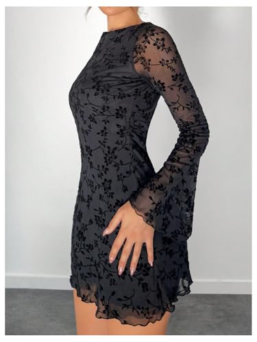 SOLY HUX Women's Floral Sexy Mesh Mini Dress Bell Long Sleeve Bodycon Going Out Dresses4