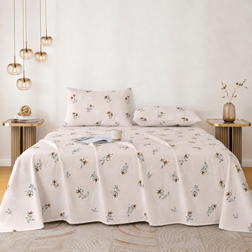 Image of Cotton King Size Bedsheet 108x108 Super King, 100% Pure Cotton Bed Sheet with 2 Pillow Covers, 240 TC Soft Breathable Floral Design Bedding - (Cocoa Blossom, Super King)