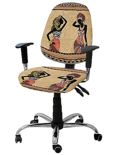 Jolunifun African Women Office Chair Covers Stretchable 2 Piece, Soft Decorative Computer Desk Chair Cover Protector Universal Rotating Chair Slipcover Native American Indian Rustic Tribal Ethnic