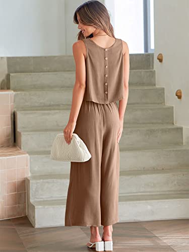 Image of ANRABESS Women's Summer 2 Piece Outfits Sleeveless Tank Crop Button Back Top Cropped Wide Leg Pants Set Pockets