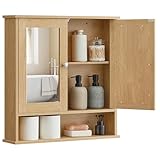 VASAGLE Bathroom Cabinet with Mirror, Wall Cabinet with 2 Mirrored Doors, Adjustable Shelf, Open Compartment, Wall-Mounted, 5.1 x 22.2 x 23 Inches, Natural Oak ULHC003Y01