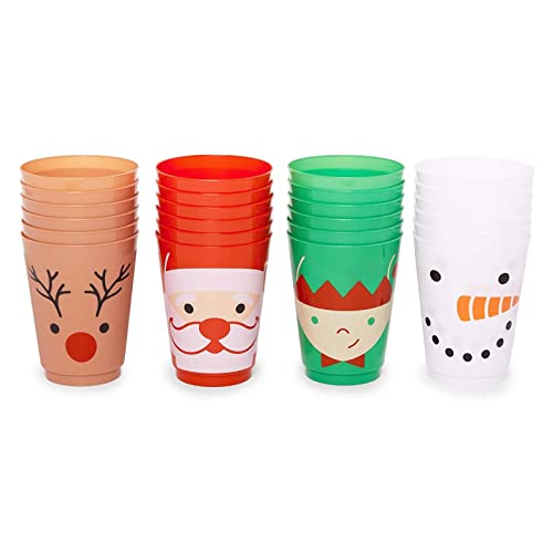 Sparkle and Bash 24 Pack Plastic Christmas Cups for Kids, 4 Xmas Designs - Table Decoration for Holiday Parties, 16 oz