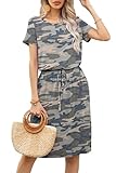 levaca Womens Summer Casual Dress Belly Drawstring Beach Short Sleeve 2025 Midi Sundress with Pockets Camo Green M