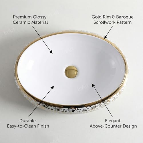 Image of InArt Designer Ceramic finish Wash Basin /Vessel Sink /Over or Above Counter Top Wash Basin for Bathroom Oval Shape, Golden (White, 24 x 16 x 6 Inch)