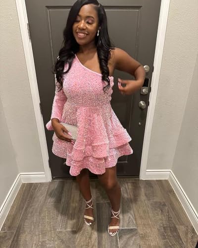 Women's One Shoulder Sequin Homecoming Dresses Short Sparkly Layered Long Sleeve Prom Party Gown4